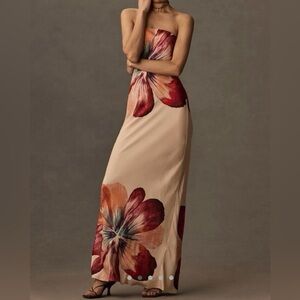 Floral Strapless Maxi Dress - Beige and Red
